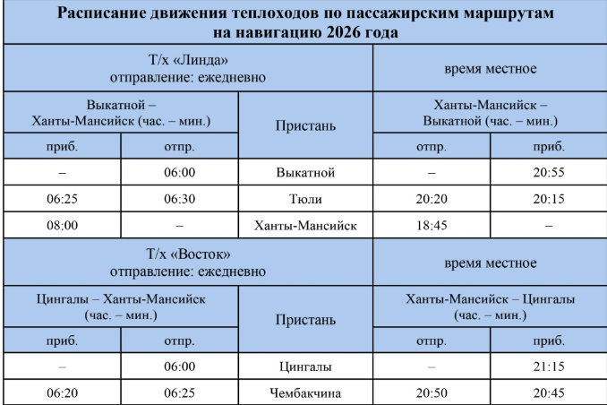 Расписание теплоходов «Линда» и «Восток» в Ханты-Мансийске 2026