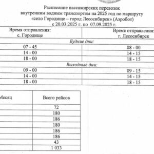 Расписание судна по маршруту “с. Городище – г. Лесосибирск”