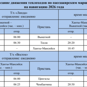 Расписание теплоходов «Линда» и «Восток» в Ханты-Мансийске 2026